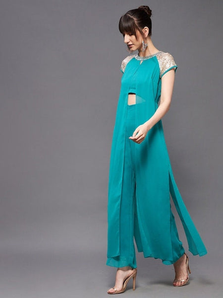 Turquoise blue and gold-toned embellished layered jumpsuit For Women, Indo Western Dress, Party Wear Indian Dress, Jumpsuits, Fusion Wear VitansEthnics