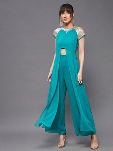 Turquoise blue and gold-toned embellished layered jumpsuit For Women, Indo Western Dress, Party Wear Indian Dress, Jumpsuits, Fusion Wear VitansEthnics