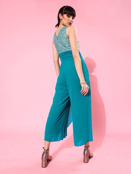 Teal Blue Sequinned Basic Layered Jumpsuit For Women, Indo Western Dress, Party Wear Indian Dress, Jumpsuits, Fusion Wear outfit VitansEthnics