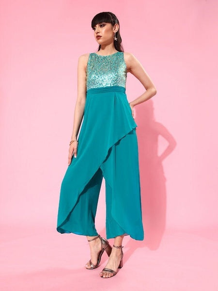 Teal Blue Sequinned Basic Layered Jumpsuit For Women, Indo Western Dress, Party Wear Indian Dress, Jumpsuits, Fusion Wear outfit VitansEthnics