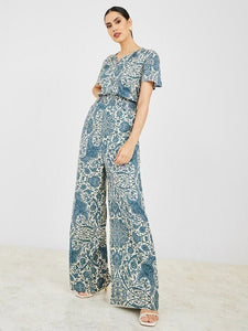 White & Blue Printed Jumpsuit For Women, Indo Western Dress, Party Wear Indian Dress, Jumpsuits, Fusion Wear Outfit, Wedding Wear Jumpsuit VitansEthnics