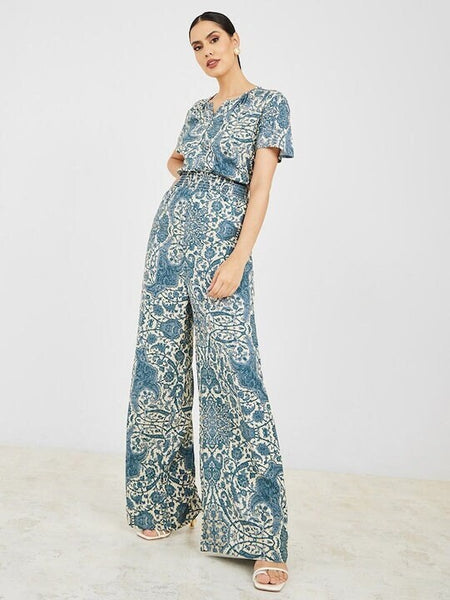 White & Blue Printed Jumpsuit For Women, Indo Western Dress, Party Wear Indian Dress, Jumpsuits, Fusion Wear Outfit, Wedding Wear Jumpsuit VitansEthnics