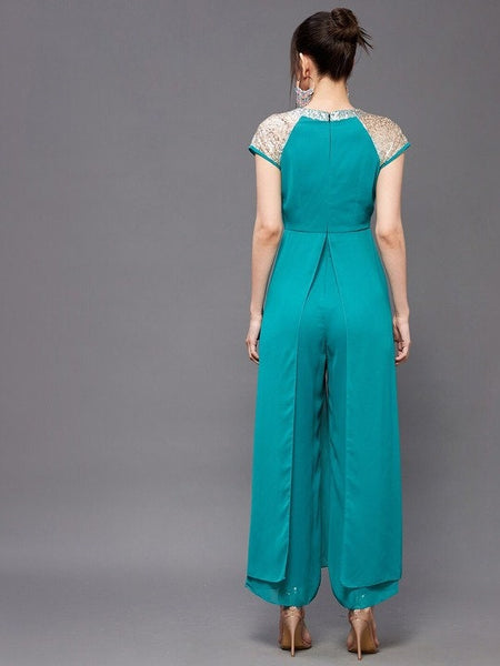 Turquoise blue and gold-toned embellished layered jumpsuit For Women, Indo Western Dress, Party Wear Indian Dress, Jumpsuits, Fusion Wear VitansEthnics