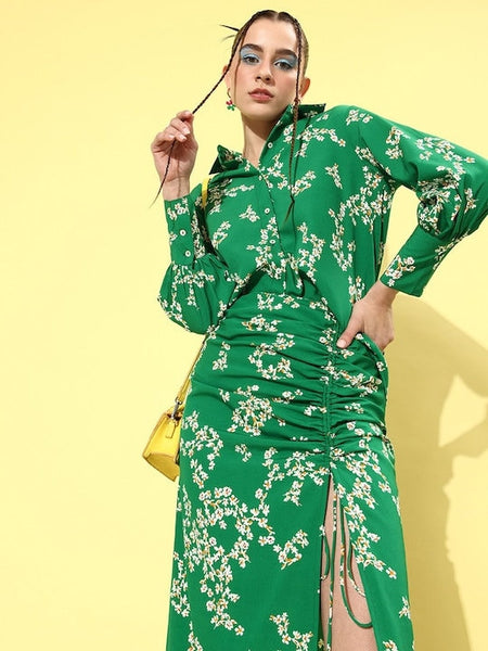 Women Green & White Floral Print Crepe Co-Ords Set, Indo Western Set, Printed Shirt with Skirt Set, Fusion Outfit, Wedding Wear, Party Wear VitansEthnics